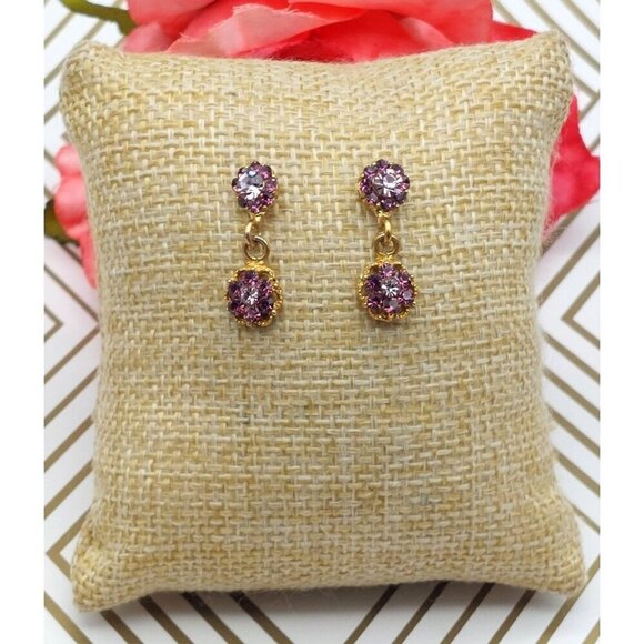Tiny Minimalist Gold Tone & Purple Crystal Drop Dangle Floral Earrings Sparkle - Picture 2 of 9